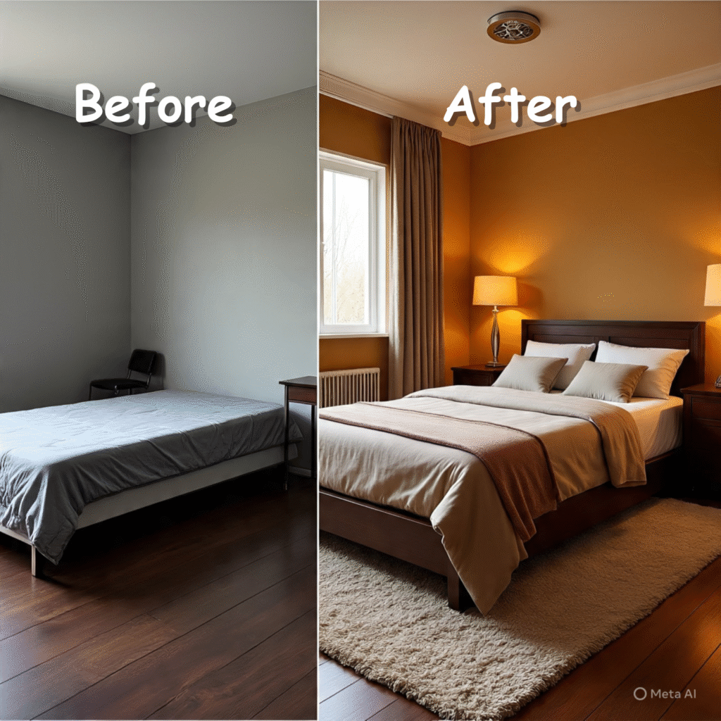 Before and after of a grey room and warm room