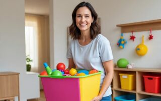 A smiling american mom (with or without kids), ideally holding a storage basket, toys, or standing near hooks/bins