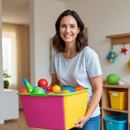 A smiling american mom (with or without kids), ideally holding a storage basket, toys, or standing near hooks/bins