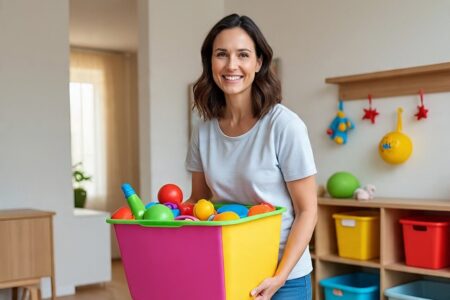 A smiling american mom (with or without kids), ideally holding a storage basket, toys, or standing near hooks/bins