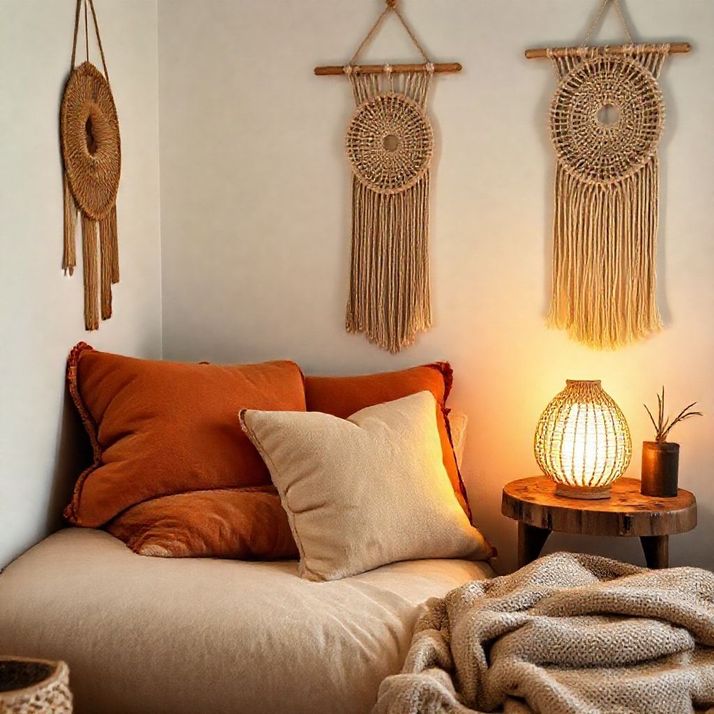 A cozy setup with Boho accents—layered terracotta and cream pillows on a sofa, a rattan lamp on a side table, and a macrame wall hanging. Focus on a small living room or bedroom corner