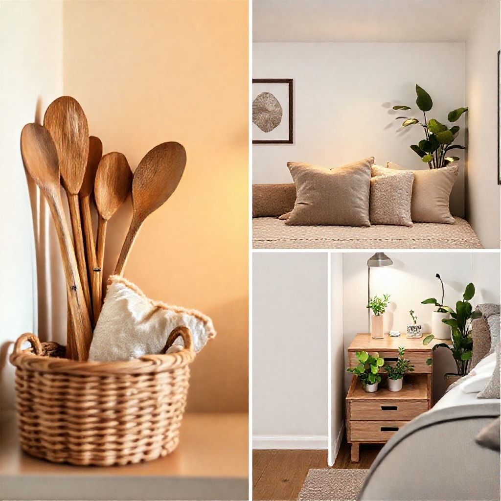 A triptych or three small images showing a kitchen (wooden utensils in a basket), living room (neutral rug with pillows), and bedroom (light wood nightstand with plants). Each should reflect a tiny U.S. apartment space